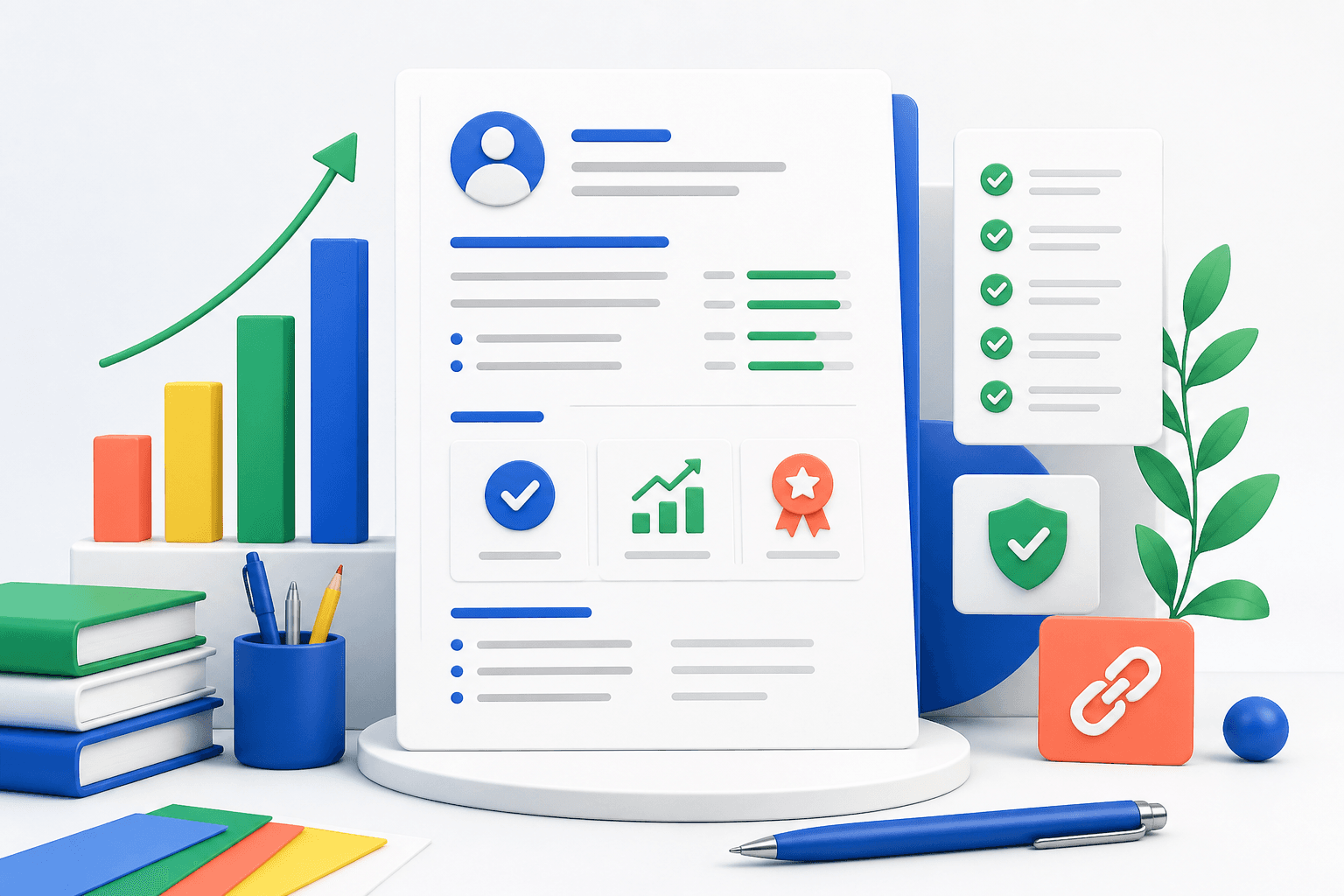 Illustrated resume with progress, checklist and portfolio evidence